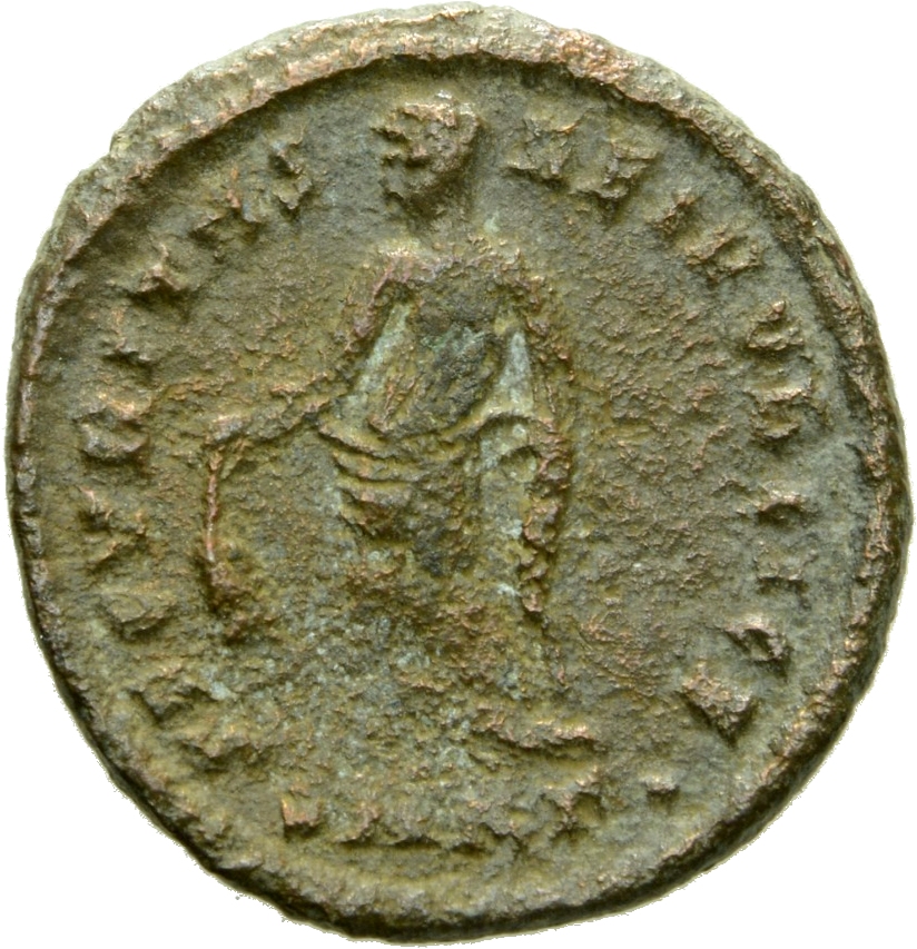 Constantine I reverse — Securitas, draped, standing left, raising robe with right hand and lowering branch with left hand