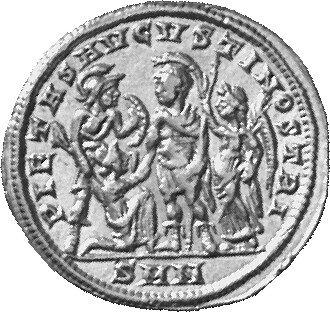 Constantine I reverse — Constantine I, draped, cuirassed, standing left, with right hand assisting kneeling turreted female figure being presented by soldier with shield and with left hand holding sceptre; behind him, Victory standing, crowning him with palm