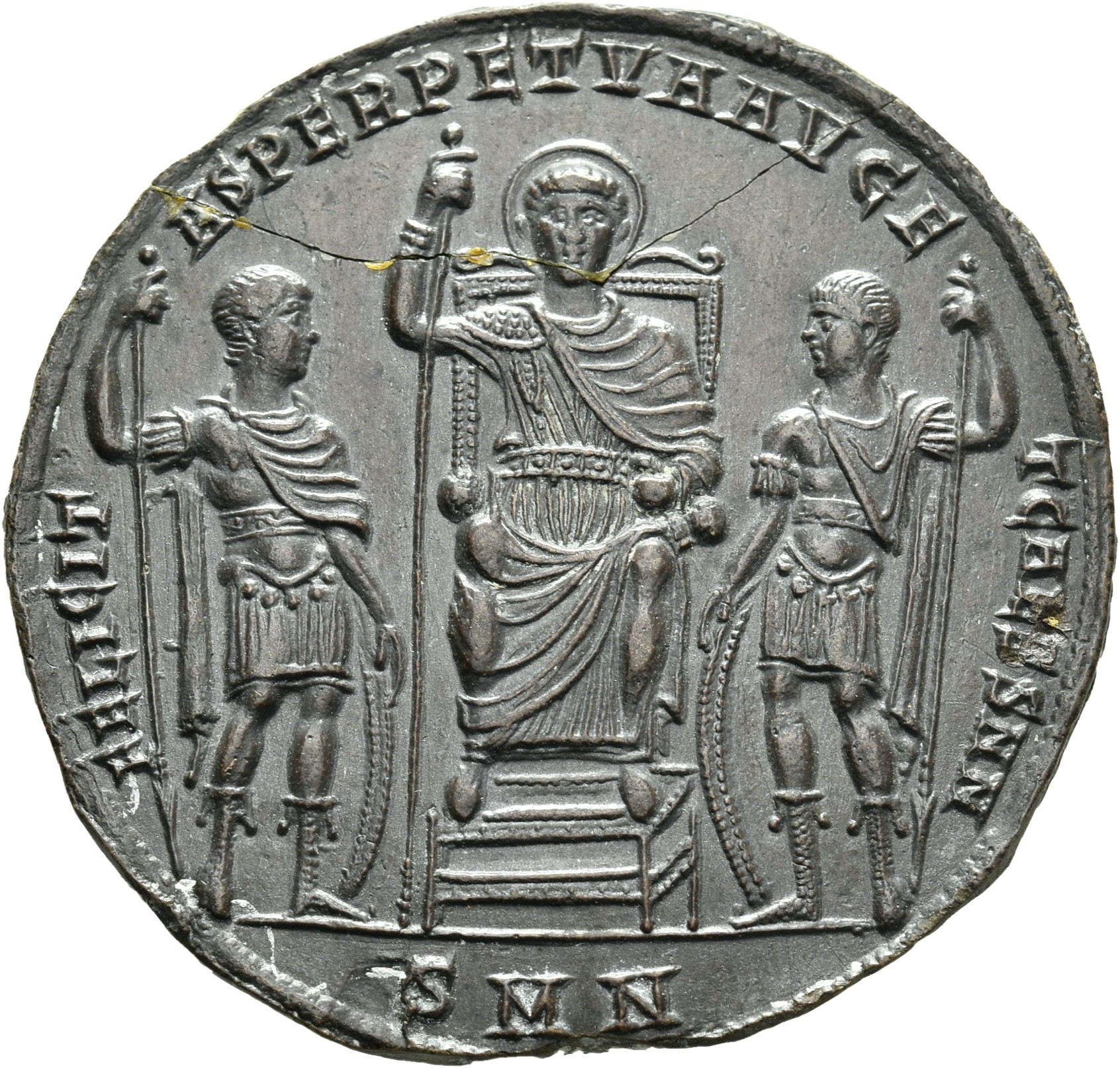 RIC VII Nicomedia 174 Constantine I reverse, Constantine I, nimbate, draped, seated front on throne on platform, leaning o...