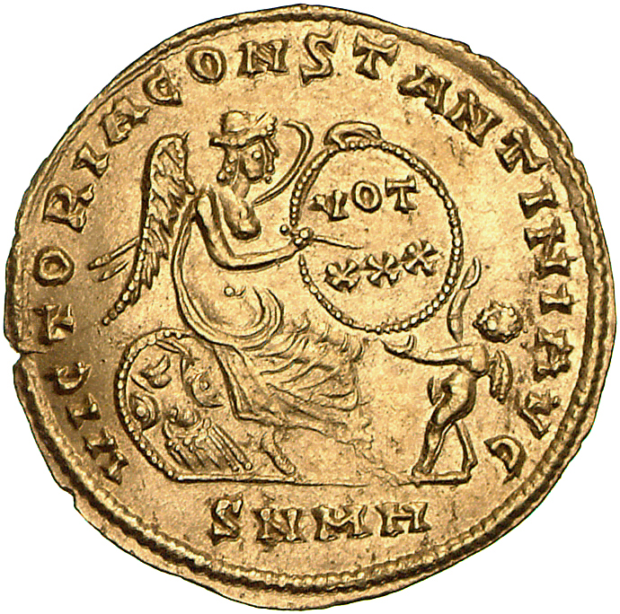 RIC VII Nicomedia 176 Constantine I reverse, Victory, winged, draped, seated right on cuirass and shield, inscribing VOT/X...