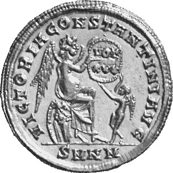 Constantine I reverse — Victory, winged, draped, seated right on cuirass and shield, inscribing VOT/XXX on shield supported by genius