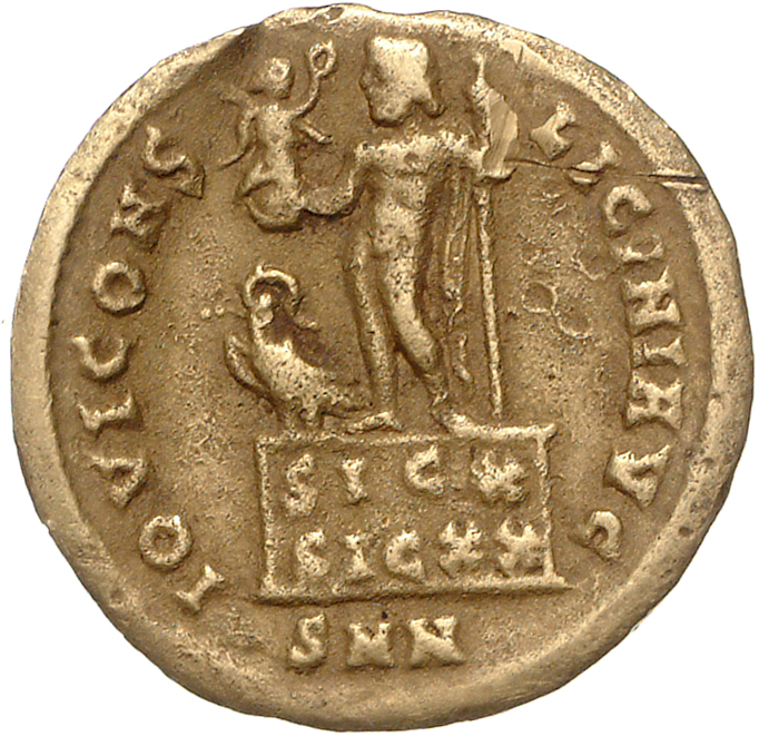 RIC VII Nicomedia 18 Licinius reverse, Jupiter, nude, chlamys draped across left shoulder, standing left on platform inscr...
