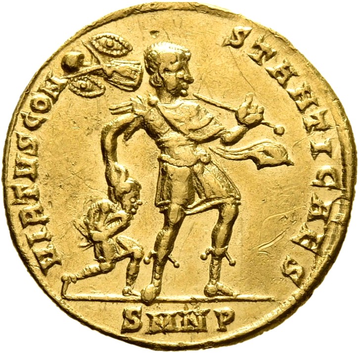 RIC VII Nicomedia 182 Constantine I reverse, Constantius II, draped, cuirassed, cloak flying, dragging captive by hair wit...