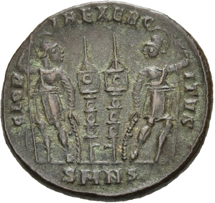 RIC VII Nicomedia 188 Constantine I reverse, Two soldiers, helmeted, draped, cuirassed, standing facing each other, each h...