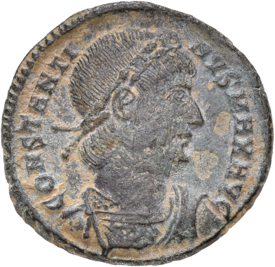 Constantine I obverse — Bust of Constantine I, rosette-diademed, draped, cuirassed, right