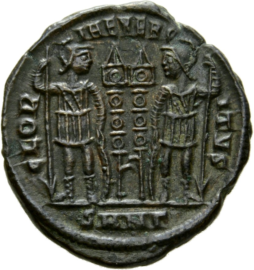 RIC VII Nicomedia 189 Constantine I reverse, Two soldiers, helmeted, draped, cuirassed, standing facing each other, each h...