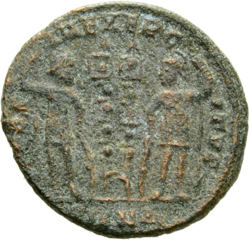 Constantine I reverse — Two soldiers, helmeted, draped, cuirassed, standing facing each other, each holding reversed spear in outer hand and resting inner hand on shield; between them, two standards