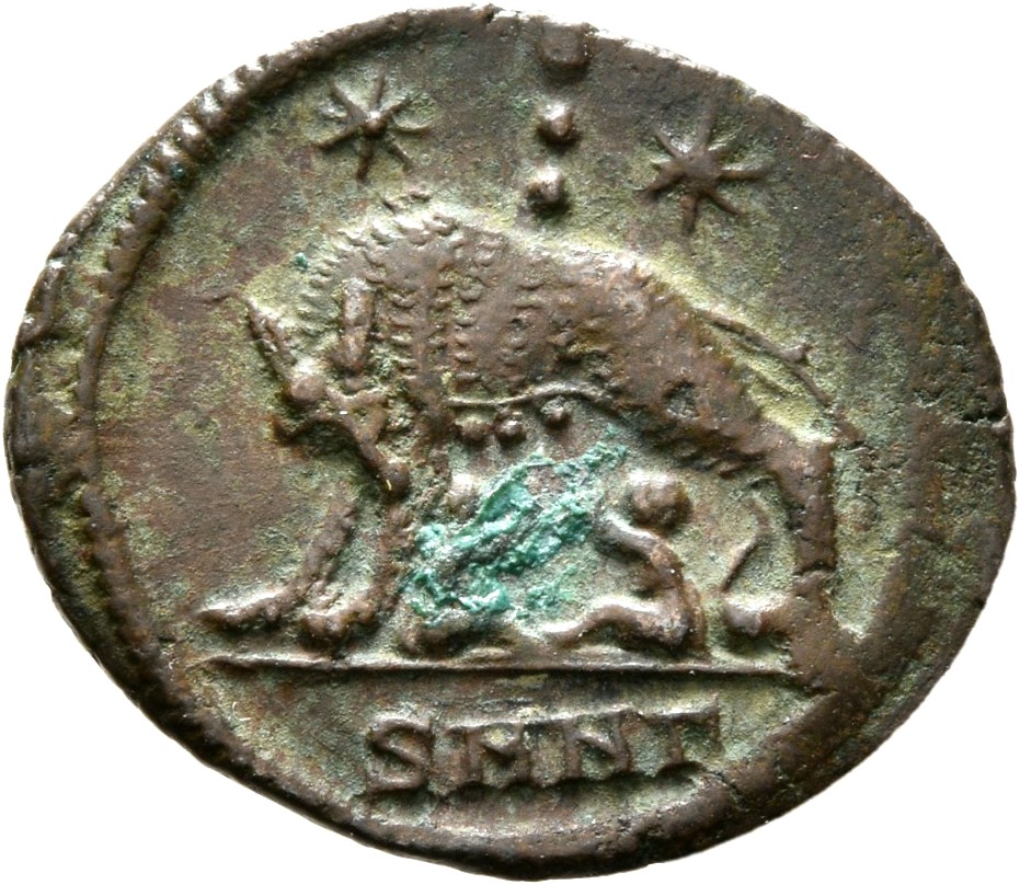 RIC VII Nicomedia 195 Constantine I reverse, She-wolf, standing left, suckling twins; above, two stars