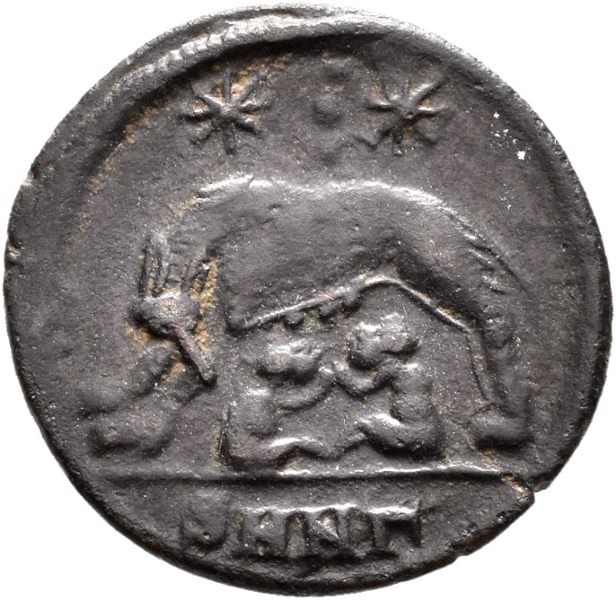 RIC VII Nicomedia 195 Constantine I reverse, She-wolf, standing left, suckling twins; above, two stars