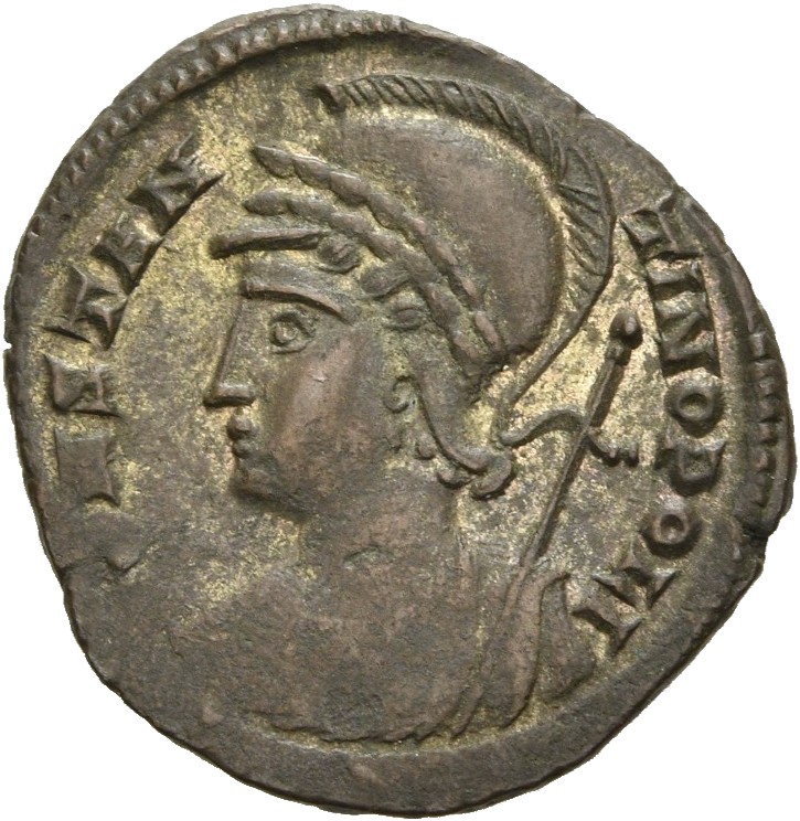 RIC VII Nicomedia 196 Constantine I obverse, Bust of Constantinopolis, laureate, helmeted, wearing imperial cloak, left, h...