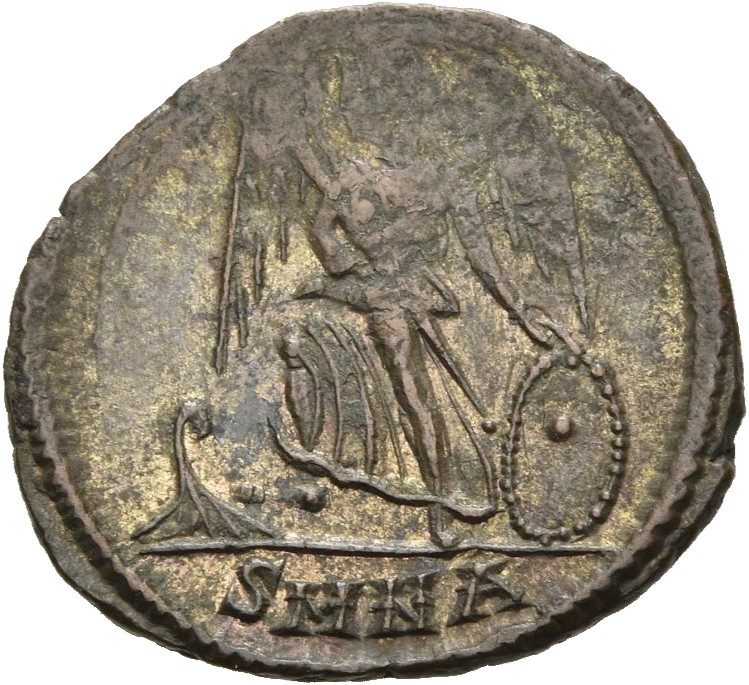 RIC VII Nicomedia 196 Constantine I reverse, Victory, winged, draped, standing left on prow, holding spear in right hand a...