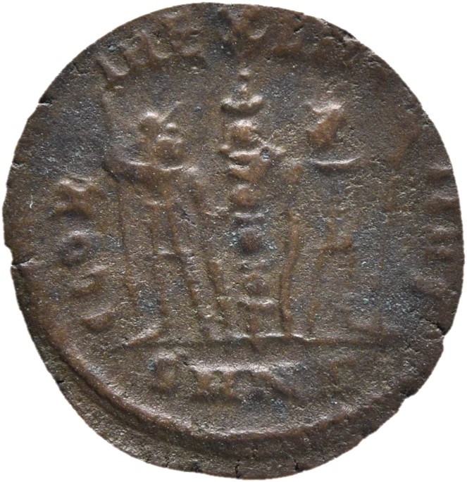 RIC VII Nicomedia 199 Constantine I reverse, Two soldiers, helmeted, draped, cuirassed, standing facing each other, each h...