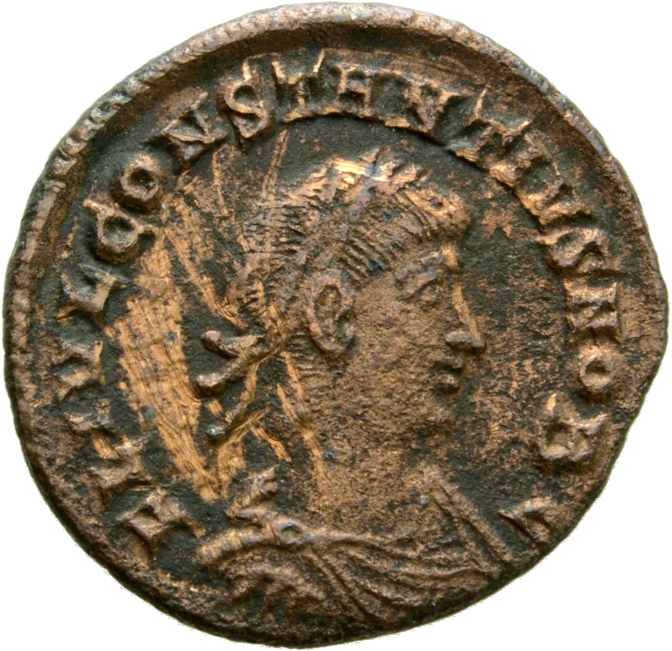 Constantine I obverse — Bust of Constantius II, laureate, draped, cuirassed, right