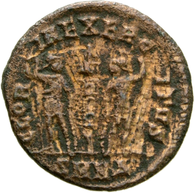 Constantine I reverse — Two soldiers, helmeted, draped, cuirassed, standing facing each other, each holding reversed spear in outer hand and resting inner hand on shield; between them, a standard