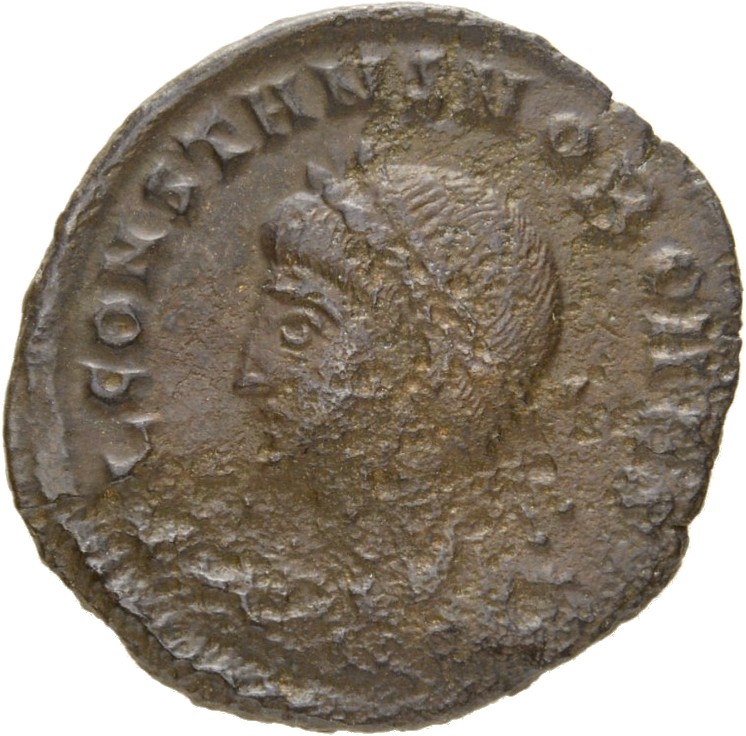 Constantine I obverse — Bust of Constans, laureate, draped, cuirassed, left