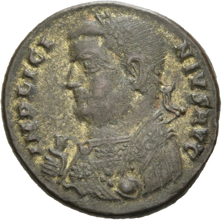 RIC VII Nicomedia 24 Licinius obverse, Bust of Licinius, laureate, draped, left, holding sceptre in right hand and mappa i...