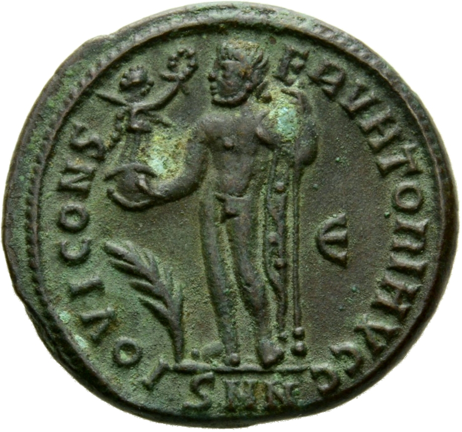 RIC VII Nicomedia 24 Licinius reverse, Jupiter, nude, chlamys draped across left shoulder, standing left, holding Victory ...
