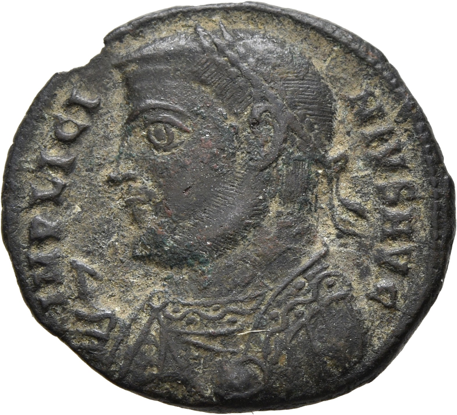 RIC VII Nicomedia 24 Licinius obverse, Bust of Licinius, laureate, draped, left, holding sceptre in right hand and mappa i...