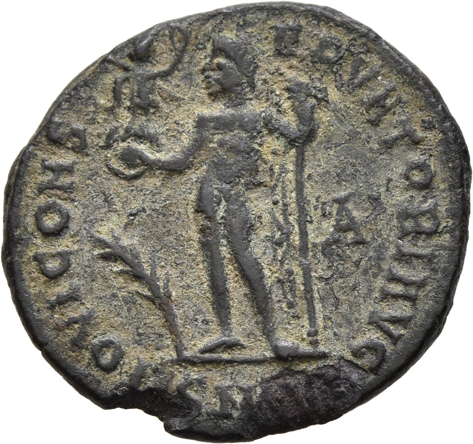 RIC VII Nicomedia 24 Licinius reverse, Jupiter, nude, chlamys draped across left shoulder, standing left, holding Victory ...