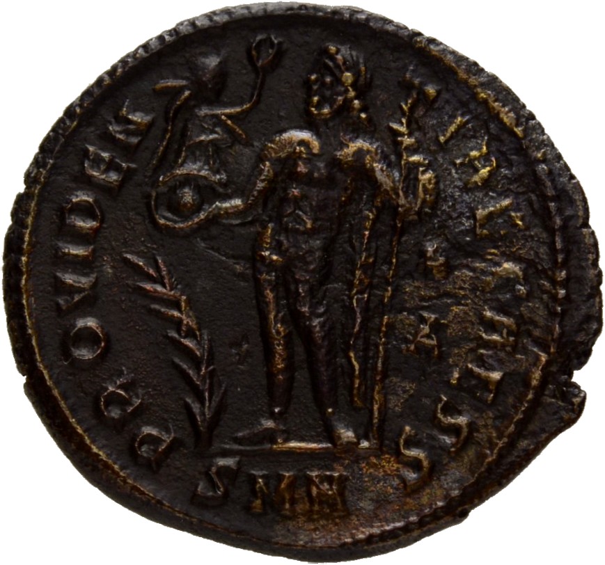 RIC VII Nicomedia 32 Licinius reverse, Jupiter, nude, chlamys draped across left shoulder, standing left, holding Victory ...