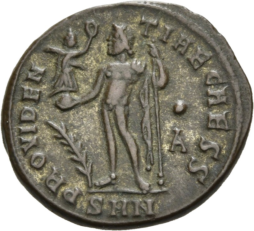 RIC VII Nicomedia 32 Licinius reverse, Jupiter, nude, chlamys draped across left shoulder, standing left, holding Victory ...