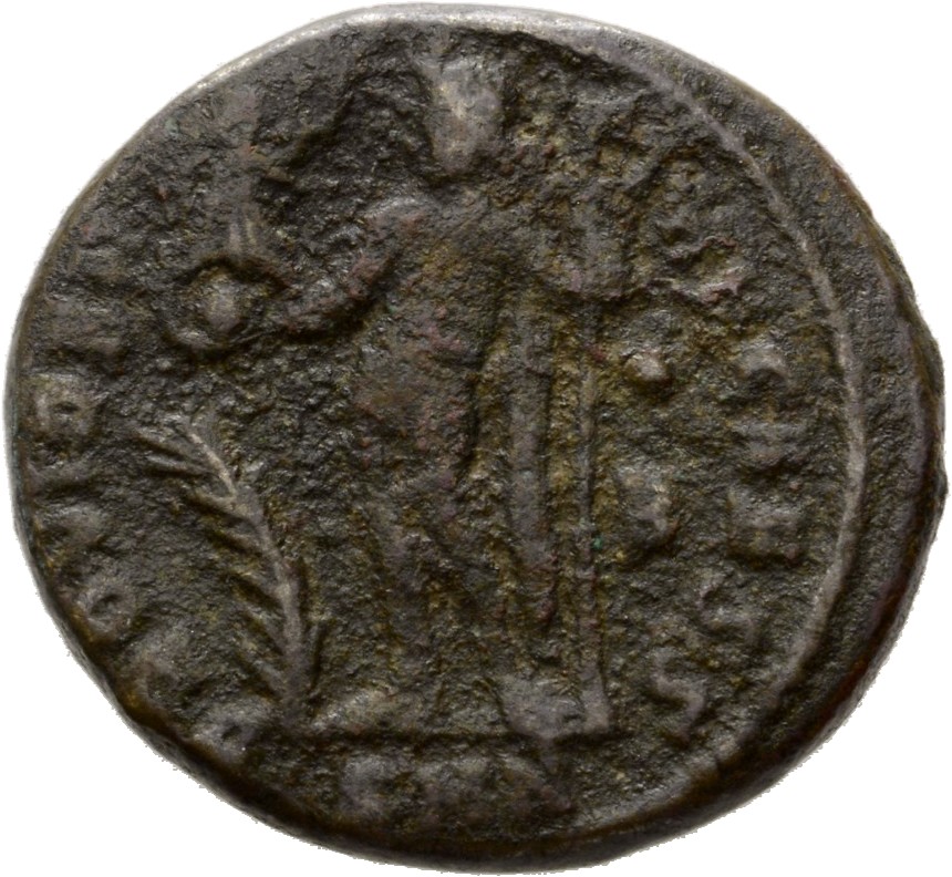 RIC VII Nicomedia 34 Licinius reverse, Jupiter, nude, chlamys draped across left shoulder, standing left, holding Victory ...
