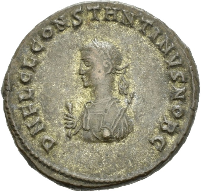 RIC VII Nicomedia 35 Licinius obverse, Bust of Constantine II, laureate, draped, left, holding sceptre in right hand and m...