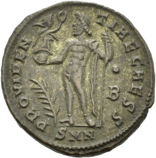 RIC VII Nicomedia 35 Licinius reverse, Jupiter, nude, chlamys draped across left shoulder, standing left, holding Victory ...