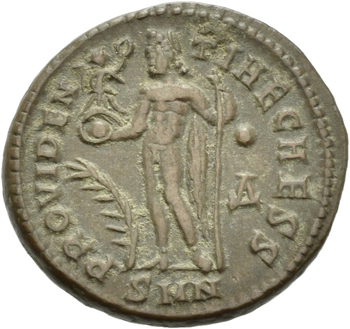 RIC VII Nicomedia 36 Licinius reverse, Jupiter, nude, chlamys draped across left shoulder, standing left, holding Victory ...