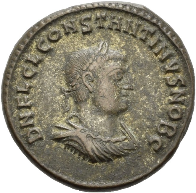 RIC VII Nicomedia 36 Licinius obverse, Bust of Constantine II, laureate, draped, cuirassed, right