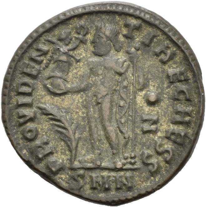 RIC VII Nicomedia 36 Licinius reverse, Jupiter, nude, chlamys draped across left shoulder, standing left, holding Victory ...