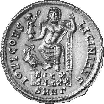 RIC VII Nicomedia 41 Licinius reverse, Jupiter, nude, chlamys draped across left shoulder, seated front in high-backed thr...