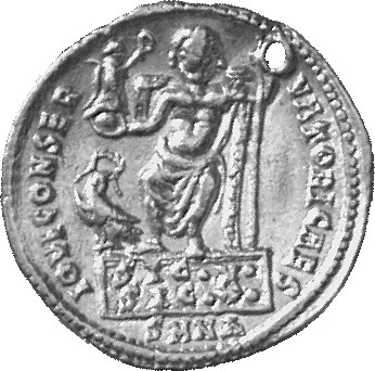 RIC VII Nicomedia 42 Licinius reverse, Jupiter, nude, chlamys draped across left shoulder, seated front in high-backed thr...