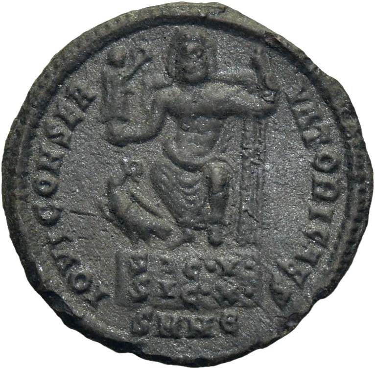RIC VII Nicomedia 42 Licinius reverse, Jupiter, nude, chlamys draped across left shoulder, seated front in high-backed thr...