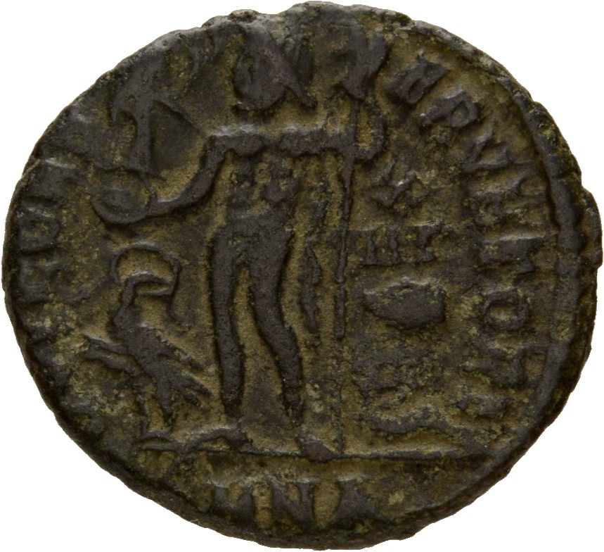 RIC VII Nicomedia 44 Licinius reverse, Jupiter, nude, chlamys draped across left shoulder, standing left, holding Victory ...