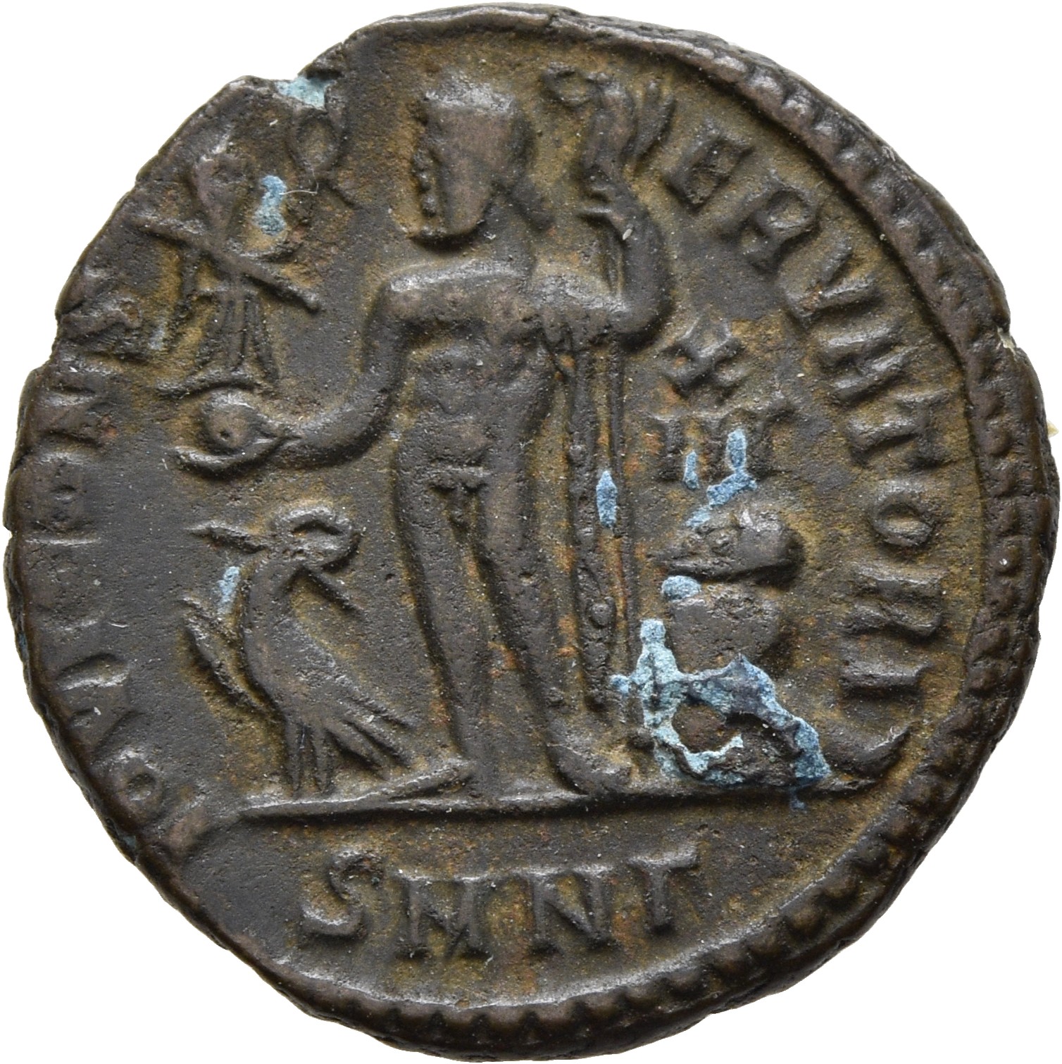 RIC VII Nicomedia 44 Licinius reverse, Jupiter, nude, chlamys draped across left shoulder, standing left, holding Victory ...