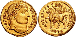 RIC VII Nicomedia 48 Licinius reverse, Jupiter, nude, chlamys draped across left shoulder, standing left, holding Victory ...
