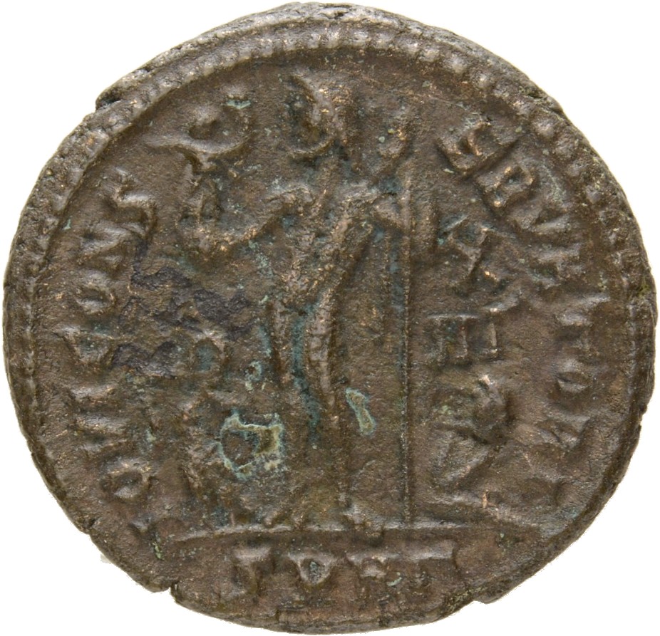 RIC VII Nicomedia 49 Licinius reverse, Jupiter, nude, chlamys draped across left shoulder, standing left, holding Victory ...