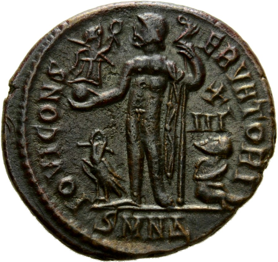 RIC VII Nicomedia 50 Licinius reverse, Jupiter, nude, chlamys draped across left shoulder, standing left, holding Victory ...
