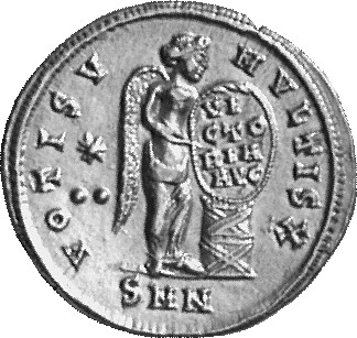 RIC VII Nicomedia 6 Licinius reverse, Victory, winged, draped, standing right, holding shield inscribed VI/CTO/RIA/AVG sup...