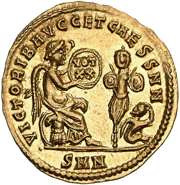 RIC VII Nicomedia 63 Constantine I reverse, Victory, winged, draped, seated right by cuirass and shield inscribed VOT/XX; ...