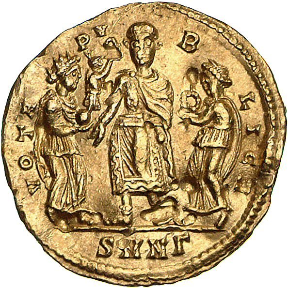 RIC VII Nicomedia 66 Constantine I reverse, Constantine I, wearing tunica, standing front; to left, Respublica, turreted, ...