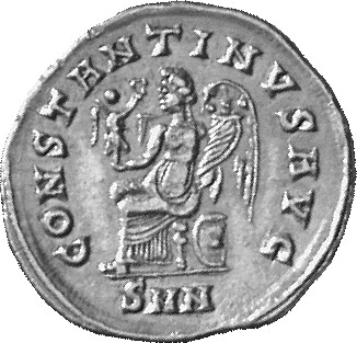 Constantine I reverse — Victory, winged, draped, seated left on throne, holding Victory with wreath in right hand and cornucopiae on left arm; behind throne, shield