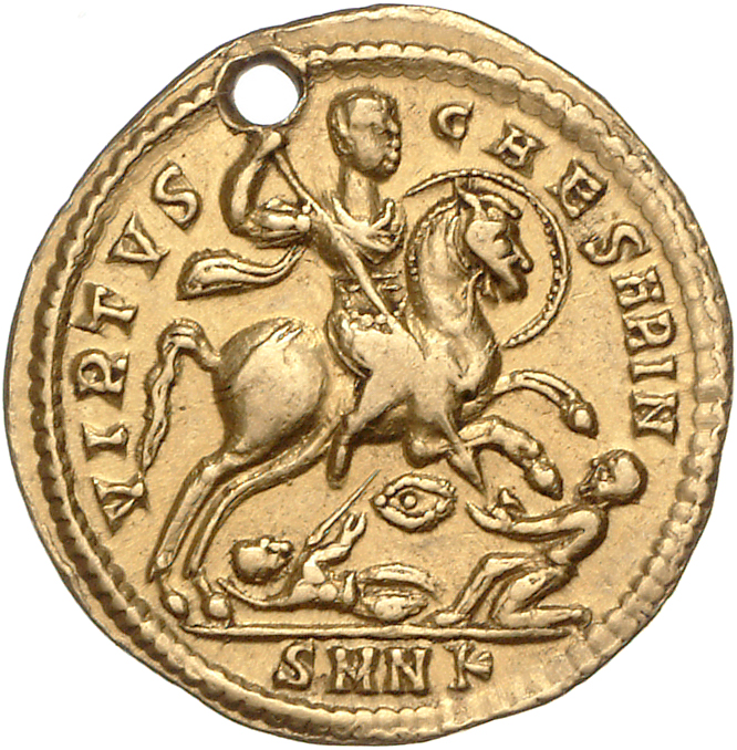 RIC VII Nicomedia 85 Constantine I reverse, Crispus, draped, cuirassed, cloak flying, galloping right, charging kneeling e...