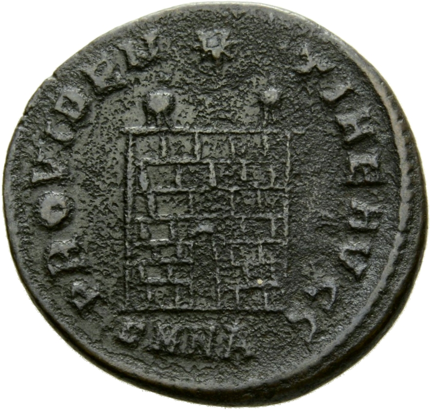 RIC VII Nicomedia 90 Constantine I reverse, Camp gate with two turrets, without doors, with varying number of stone layers...