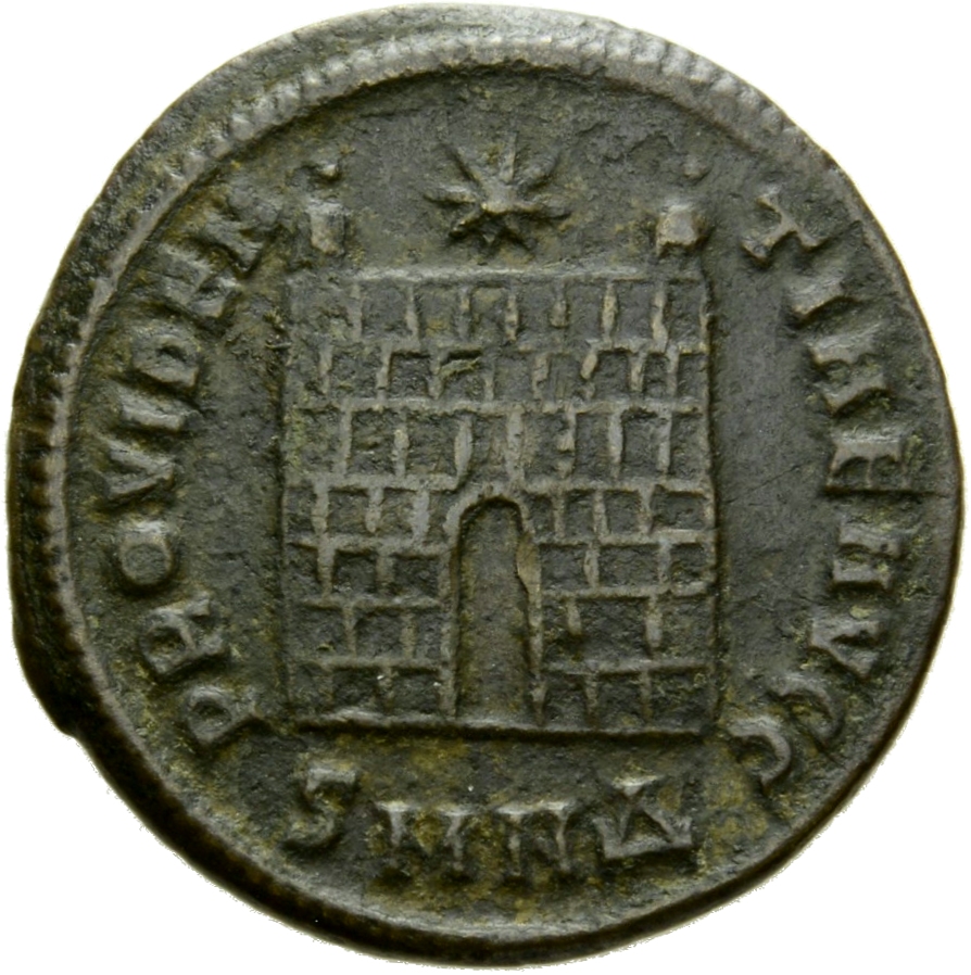 Constantine I reverse — Camp gate with two turrets, without doors, with varying number of stone layers; star above