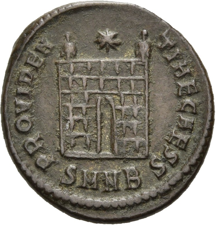RIC VII Nicomedia 91 Constantine I reverse, Camp gate with two turrets, without doors, with varying number of stone layers...