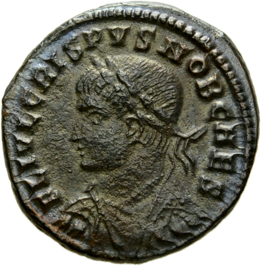 Constantine I obverse — Bust of Crispus, laureate, draped, cuirassed, left