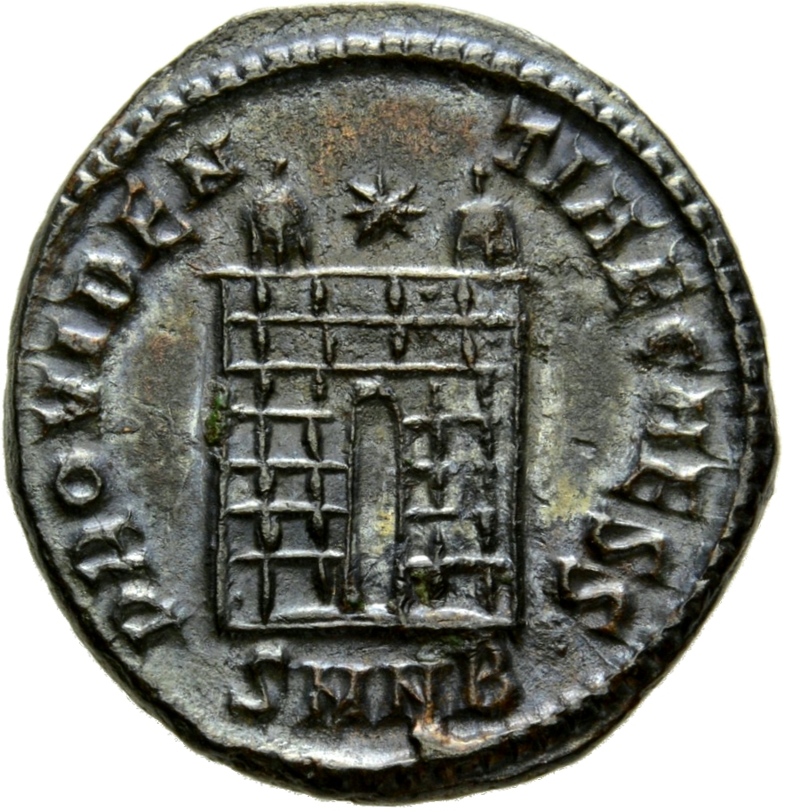 Constantine I reverse — Camp gate with two turrets, without doors, with varying number of stone layers; star above