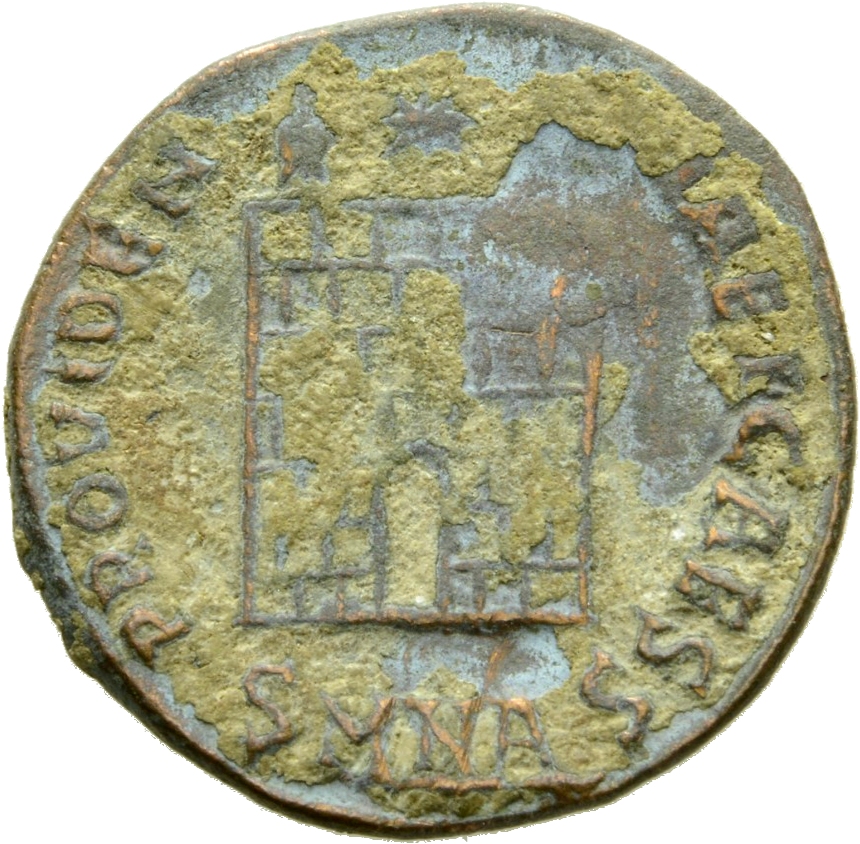 Constantine I reverse — Camp gate with two turrets, without doors, with varying number of stone layers; star above